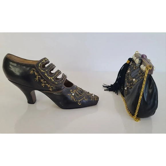 Vintage Miniature Nostalgia Decorative Handbag & Shoe Black & Gold, Knick Knack - Picture 4 of 5